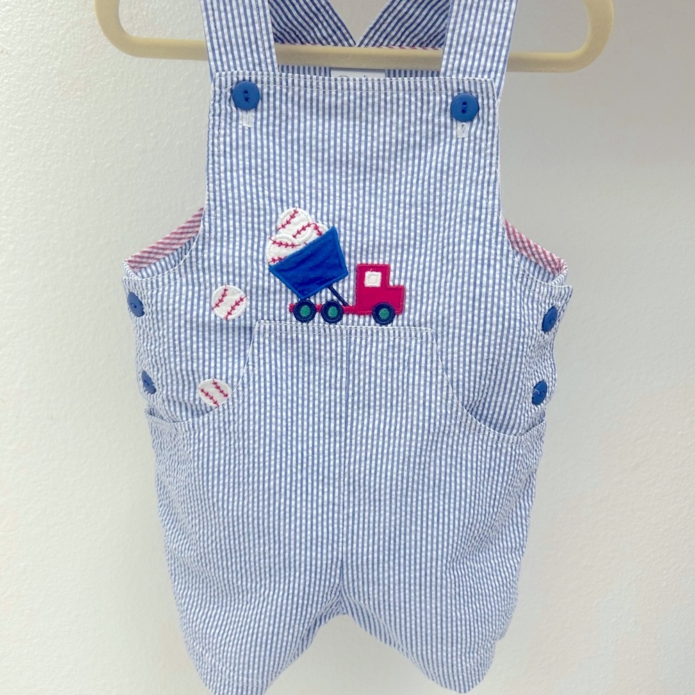 Florence Eiseman Seersucker Shortall With Baseballs & Dump Truck - Boys 18M
